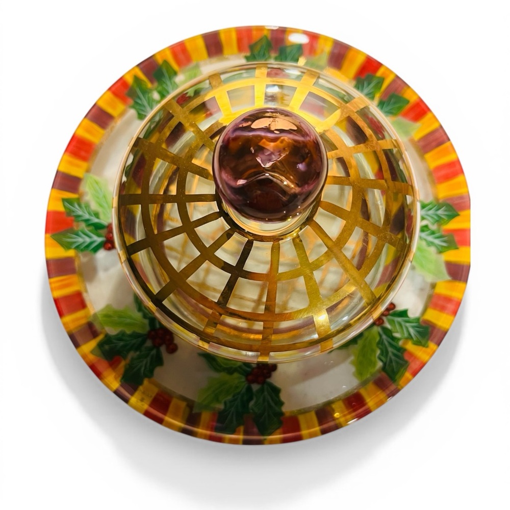 MacKenzie-Childs Circus Glass Cake Dome w Plate 1990s Holly Gold Lattice - Picture 2 of 5